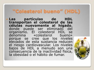 Funciones del colesterolEstructural: el colesterol es un componente muy importante de las membranas plasmáticasde los animales Precursor de la vitamina D: esencial en el metabolismo del calcioPrecursor de las hormonas sexuales: progesterona, estrógenos y testosterona.Precursor de las hormonas corticoesteroidales:cortisol y aldosterona.Precursor de las sales biliares: esenciales en la absorción de algunos nutrientes lipídicos y vía principal para la excreción de colesterol corporal.Precursor de las balsas de lípidos.(VIDEO)