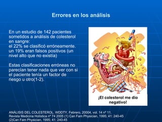 Errores en los análisis En un estudio de 142 pacientes sometidos a análisis de colesterol en sangre:  el 22% se clasificó erróneamente.  un 19% eran falsos positivos (un nivel alto que no existía)   Estas clasificaciones erróneas no parecían tener nada que ver con si el paciente tenía un factor de riesgo u otro(1-2). ANÁLISIS DEL COLESTEROL. WDDTY, Febrero, 20004, vol. 14 nº 11. Revista Medicina Holística nº 74 2005 (1) Can Fam Physician, 1995; 41: 240-45 (2)Can Fam Physician, 1995; 41: 240-45 ¡El colesterol me dio negativo! 