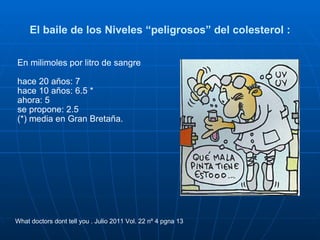 El baile de los Niveles “peligrosos” del colesterol : En milimoles por litro de sangre hace 20 años: 7  hace 10 años: 6.5 * ahora: 5 se propone: 2.5 (*) media en Gran Bretaña. What doctors dont tell you . Julio 2011 Vol. 22 nº 4 pgna 13 