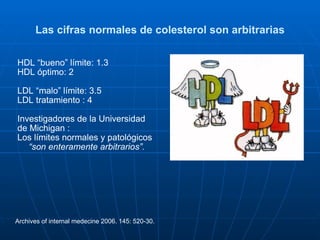 Las cifras normales de colesterol son arbitrarias HDL “bueno” límite: 1.3 HDL óptimo: 2 LDL “malo” límite: 3.5 LDL tratamiento : 4  Investigadores de la Universidad de Michigan :  Los límites normales y patológicos “ son enteramente arbitrarios”. Archives of internal medecine 2006. 145: 520-30. 