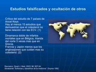 Estudios falsificados y ocultación de otros Crítica del estudio de 7 países de Ancel Keys  Hay al menos 15 estudios que demuestran que el colesterol no tiene relación con las ECV. (1) Dinamarca doble de infartos mortales que en Bélgica, Irlanda del norte 3 veces mas que en Grecia. Francia y Japón menos que los anglosajones que cuidan mas su colesterol. (2) Ravnskov. Quart J. Med. 2003; 96: 927-34.   Skrabanek “Sofismas y desatinos de la medicina”. Doyma 1992 