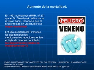 Aumento de la mortalidad. En 1991 publicamos (RMH. nº 27) que el Dr. Skradanek, editor de la revista Lancet, reconoció que el grupo tratado en un estudio tuvo  mayor mortalidad .  Estudio multifactorial Finlandés los que tomaron los medicamentos reductores tenían el triple de muertes por infarto los fallecimientos totales se mutiplicaron por 3.   EMBID ALFREDO LOS TRATAMIENTOS DEL COLESTEROL, ¿AUMENTAN LA MORTALIDAD? Revista nº27 91 XBRE  Walter Hartenbach La mentira del colesterol. Robin Book 2002 2006. pgna 91 
