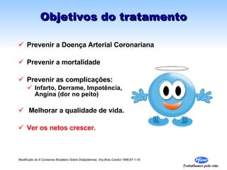 Objetivos do tratamento Prevenir a Doença Arterial Coronariana Prevenir a mortalidade Prevenir as complicações: Infarto, Derrame, Impotência,  Angina (dor no peito) Melhorar a qualidade de vida. Ver os netos crescer. Modificado do II Consenso Brasileiro Sobre Dislipidemias  Arq Bras Cardiol  1996;67:1-16 . 