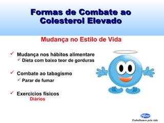 Formas de Combate ao
          Colesterol Elevado

             Mudança no Estilo de Vida

 Mudança nos hábitos alimentares
   Dieta com baixo teor de gorduras

 Combate ao tabagismo
   Parar de fumar

 Exercícios físicos
        Diários



                                         Trabalhamos pela vida
 