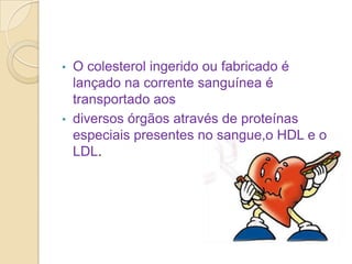 •

O colesterol ingerido ou fabricado é
lançado na corrente sanguínea é
transportado aos
• diversos órgãos através de proteínas
especiais presentes no sangue,o HDL e o
LDL.

 