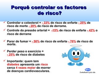 Porquê controlar os factores
de risco?
 Controlar o colesterol = - 33% de risco de enfarte - 25% de
risco de morte - 20% de risco de derrame.
 Controle da pressão arterial = -15% de risco de enfarte - 42% o
risco de derrame
 Parar de fumar = - 50% de risco de enfarte - 70% de risco de
morte.
 Perder peso e exercício =
- 25% de risco de diabetes
 Importante: quem tem
diabetes apresenta um risco
cerca 4 vezes maior de morrer
de doenças cardiovasculares.

Trabalhamos pela vida

 