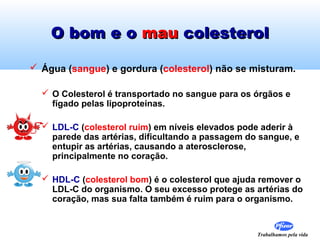 O bom e o mau colesterol
 Água (sangue) e gordura (colesterol) não se misturam.
 O Colesterol é transportado no sangue para os órgãos e
fígado pelas lipoproteínas.
 LDL-C (colesterol ruim) em níveis elevados pode aderir à
parede das artérias, dificultando a passagem do sangue, e
entupir as artérias, causando a aterosclerose,
principalmente no coração.
 HDL-C (colesterol bom) é o colesterol que ajuda remover o
LDL-C do organismo. O seu excesso protege as artérias do
coração, mas sua falta também é ruim para o organismo.

Trabalhamos pela vida

 