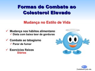 Formas de Combate ao Colesterol Elevado Mudança nos hábitos alimentares Dieta com baixo teor de gorduras Combate ao tabagismo Parar de fumar Exercícios físicos Diários  Mudança no Estilo de Vida 