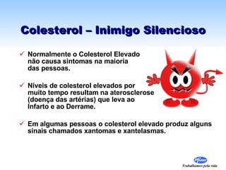 Colesterol – Inimigo Silencioso Normalmente o Colesterol Elevado  não causa sintomas na maioria  das pessoas. Níveis de colesterol elevados por  muito tempo resultam na aterosclerose  (doença das artérias) que leva ao  Infarto e ao Derrame. Em algumas pessoas o colesterol elevado produz alguns sinais chamados xantomas e xantelasmas. 