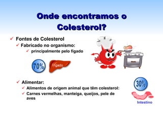 Onde encontramos o Colesterol? Fontes de Colesterol  Fabricado no organismo: principalmente pelo fígado Alimentar: Alimentos de origem animal que têm colesterol: Carnes vermelhas, manteiga, queijos, pele de aves Intestino 