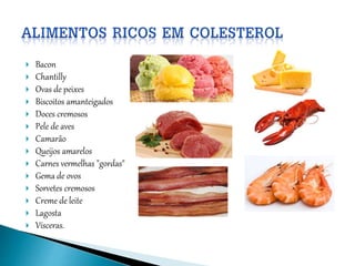  Bacon
 Chantilly
 Ovas de peixes
 Biscoitos amanteigados
 Doces cremosos
 Pele de aves
 Camarão
 Queijos amarelos
 Carnes vermelhas "gordas"
 Gema de ovos
 Sorvetes cremosos
 Creme de leite
 Lagosta
 Vísceras.
 