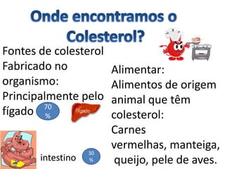 Onde encontramos o Colesterol?Fontes de colesterolFabricado no organismo:Principalmente pelo fígadoAlimentar:Alimentos de origem animal que têm colesterol:Carnes vermelhas, manteiga, queijo, pele de aves.70%30%intestino