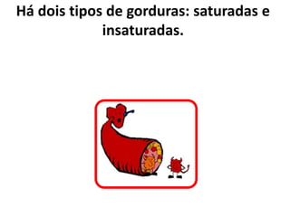 Há dois tipos de gorduras: saturadas e insaturadas. 