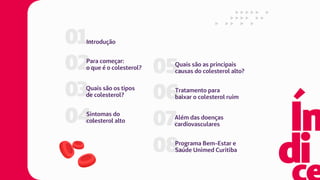 01.
05.
Introdução
Quais são as principais
causas do colesterol alto?
04.
08.
Sintomas do
colesterol alto
Programa Bem-Estar e
Saúde Unimed Curitiba
02.
06.
Para começar:
o que é o colesterol?
Tratamento para
baixar o colesterol ruim
03.
07.
Quais são os tipos
de colesterol?
Além das doenças
cardiovasculares
 