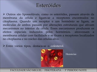 Esteróides FACULDADE SÃO MIGUEL -  FISIOTERAPIA  -  3º PERIÓDO NOITE Outros são lipossolúveis, como os esteróides, passam através da membrana da célula e ligam-se a receptores encontrados no citoplasma. Quando um receptor e um hormônio se ligam, as moléculas de ambos passam por alterações estruturais que ativam mecanismos no interior da célula. Esses mecanismos produzem os efeitos especiais induzidos pelos hormônios.  atravessam a membrana celular com facilidade e se fixam a receptores localizados no citoplasma e no núcleo das células-alvo. Entre  vários  tipos,  destaca-se  o  colesterol. Hemácias 