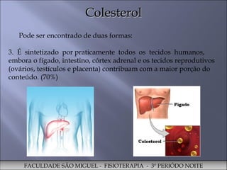 Colesterol Pode ser encontrado de duas formas: É  sintetizado  por praticamente  todos  os  tecidos  humanos, embora o fígado, intestino, córtex adrenal e os tecidos reprodutivos (ovários, testículos e placenta) contribuam com a maior porção do conteúdo. (70%) FACULDADE SÃO MIGUEL -  FISIOTERAPIA  -  3º PERIÓDO NOITE 