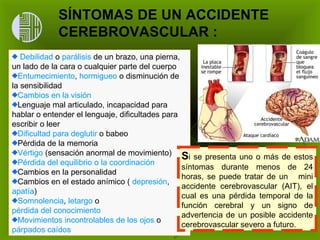 Debilidad  o  parálisis  de un brazo, una pierna, un lado de la cara o cualquier parte del cuerpo  Entumecimiento ,  hormigueo  o disminución de la sensibilidad  Cambios en la visión   Lenguaje mal articulado, incapacidad para hablar o entender el lenguaje, dificultades para escribir o leer  Dificultad para deglutir  o babeo  Pérdida de la memoria  Vértigo  (sensación anormal de movimiento)  Pérdida del equilibrio o la coordinación   Cambios en la personalidad  Cambios en el estado anímico (  depresión ,  apatía )  Somnolencia ,  letargo  o  pérdida del conocimiento   Movimientos incontrolables de los ojos  o  párpados caídos   SÍNTOMAS DE UN ACCIDENTE CEREBROVASCULAR :   S i se presenta uno o más de estos síntomas durante menos de 24 horas, se puede tratar de un  mini accidente cerebrovascular (AIT), el cual es una pérdida temporal de la función cerebral y un signo de advertencia de un posible accidente cerebrovascular severo a futuro. 