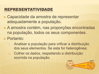 REPRESENTATIVIDADE
 Capacidade da amostra de representar
adequadamente a população.
 A amostra contém, nas proporções encontradas
na população, todos os seus componentes.
 Portanto:
1. Analisar a população para vrificar a distribuição
dos seus elementos. Se esta for heterogênea;
2. Colher os dados, respeitando a distribuição
ocorrida na população.
População Amostra
Amostragem
B
N
B
B
B
B
B
B
B
B
B
B
B
B
B
B
B
B
B
B
B
B
B
B
B
BB
B
B
N
N
N
9:1 9:1
B
B
B
B
B
B
B
B
 