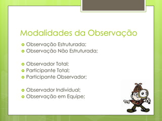 Modalidades da Observação








Observação Estruturada;
Observação Não Estruturada;
Observador Total;
Participante Total;
Participante Observador;
Observador Individual;
Observação em Equipe;

 