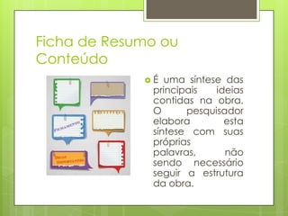 Ficha de Resumo ou
Conteúdo
É

uma síntese das
principais
ideias
contidas na obra.
O
pesquisador
elabora
esta
síntese com suas
próprias
palavras,
não
sendo necessário
seguir a estrutura
da obra.

 