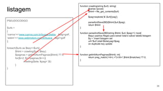 listagem
PSEUDOCODIGO
$urls =
[
‘icarros’=>’www.icarros.com.br/busca.blabla…&tag=golf’,
‘webm’=>‘www.webmotors.com.br/busca…tag2=golf’
];
foreach($urls as $key=>$url){
$html = crawling($url, $key);
$paginas = getInfoNumPaginas($html) ?? 0;
for($i=2; $i<=paginas;$i++){
crawling($site.’&pag=’.$i)
}
}
function crawling(string $url): string{
#varias opcoes
$html = file_get_contents($url)
$pag=explode(‘&’,$url)[‘pag’];
parseAndSave2BD($html,$url,$pag);
return $html
}
function parseAndSave2BD(string $html, $url, $pag=1): bool{
#aqui usamos Regex para extrair total e salvar tabela listagem
$q = “insert listagem set
url=’$url’,total=$total,pag=$pag
on duplicate key update
}
function getInfoNumPaginas($html): int{
return preg_match(‘/<li>(.+?)</li>/’,$html,$matches) ?? 0;
}
36
 