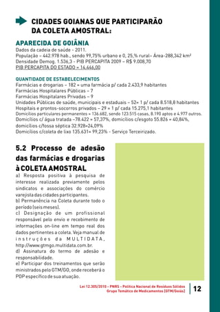 CIDADES GOIANAS QUE PARTICIPARÃO
        DA COLETA AMOSTRAL:
APARECIDA DE GOIÂNIA
Dados da cadeia de saúde - 2011.
População – 442.978 hab., sendo 99,75% urbano e 0, 25,% rural– Área-288,342 km²
Densidade Demog. 1.536,3 - PIB PERCAPITA 2009 – R$ 9.008,70
PIB PERCAPITA DO ESTADO = 14.446,00

QUANTIDADE DE ESTABELECIMENTOS
Farmácias e drogarias – 182 = uma farmácia p/ cada 2.433,9 habitantes
Farmácias Hospitalares Públicas – 7
Farmácias Hospitalares Privadas – 9
Unidades Públicas de saúde, municipais e estaduais – 52= 1 p/ cada 8.518,8 habitantes
Hospitais e prontos-socorros privados – 29 = 1 p/ cada 15.275,1 habitantes
Domicílios particulares permanentes = 136.682, sendo 123.515 casas, 8.190 aptos e 4.977 outros.
Domicílios c/ água tratada –78.422 = 57,37%, domicílios c/esgoto 55.826 = 40,84%,
domicílios c/fossa séptica 32.928=24,09%
Domicílios c/coleta de lixo 135.631= 99,23% - Serviço Terceirizado.


5.2 Processo de adesão
das farmácias e drogarias
à COLETA AMOSTRAL
a) Resposta positiva à pesquisa de
interesse realizada previamente pelos
sindicatos e associações do comércio
varejista das cidades participantes.
b) Permanência na Coleta durante todo o
período (seis meses).
c) Designação de um profissional
responsável pelo envio e recebimento de
informações on-line em tempo real dos
dados pertinentes a coleta. Veja manual de
i n s t r u ç õ e s d a M U LT I D ATA ,
http://www.gtmgo.multidata.com.br.
d) Assinatura do termo de adesão e
responsabilidade.
e) Participar dos treinamentos que serão
ministrados pelo GTM/GO, onde receberá o
POP específico de sua atuação.

                                Lei 12.305/2010 - PNRS - Política Nacional de Resíduos Sólidos
                                               Grupo Temático de Medicamentos [GTM/Goiás]        12
 