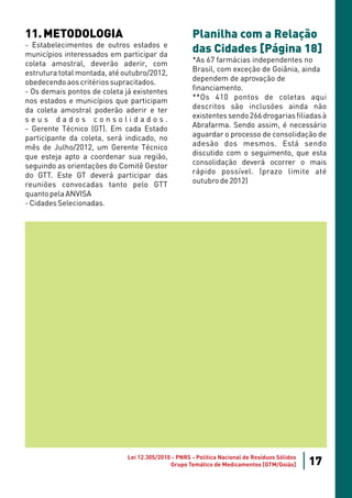 11. METODOLOGIA                                      Planilha com a Relação
- Estabelecimentos de outros estados e
municípios interessados em participar da
                                                     das Cidades [Página 18]
coleta amostral, deverão aderir, com                 *As 67 farmácias independentes no
estrutura total montada, até outubro/2012,           Brasil, com exceção de Goiânia, ainda
obedecendo aos critérios supracitados.               dependem de aprovação de
- Os demais pontos de coleta já existentes           financiamento.
nos estados e municípios que participam              **Os 410 pontos de coletas aqui
da coleta amostral poderão aderir e ter              descritos são inclusões ainda não
seus dados consolidados.                             existentes sendo 266 drogarias filiadas à
- Gerente Técnico (GT). Em cada Estado               Abrafarma. Sendo assim, é necessário
participante da coleta, será indicado, no            aguardar o processo de consolidação de
mês de Julho/2012, um Gerente Técnico                adesão dos mesmos. Está sendo
que esteja apto a coordenar sua região,              discutido com o seguimento, que esta
seguindo as orientações do Comitê Gestor             consolidação deverá ocorrer o mais
do GTT. Este GT deverá participar das                rápido possível. (prazo limite até
reuniões convocadas tanto pelo GTT                   outubro de 2012)
quanto pela ANVISA
- Cidades Selecionadas.




                              Lei 12.305/2010 - PNRS - Política Nacional de Resíduos Sólidos
                                             Grupo Temático de Medicamentos [GTM/Goiás]        17
 