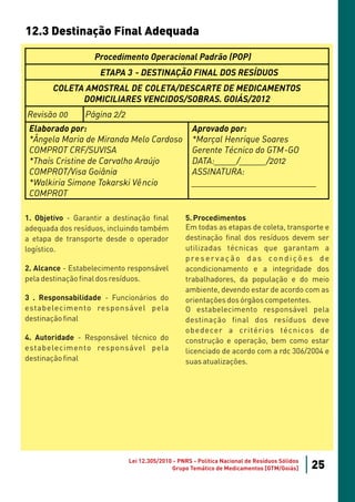 12.3 Destinação Final Adequada

                   Procedimento Operacional Padrão (POP)
                     ETAPA 3 - DESTINAÇÃO FINAL DOS RESÍDUOS
        COLETA AMOSTRAL DE COLETA/DESCARTE DE MEDICAMENTOS
              DOMICILIARES VENCIDOS/SOBRAS. GOIÁS/2012
Revisão 00       Página 2/2
 Elaborado por:                                      Aprovado por:
 *Ângela Maria de Miranda Melo Cardoso               *Marçal Henrique Soares
 COMPROT CRF/SUVISA                                  Gerente Técnico do GTM-GO
 *Thaís Cristine de Carvalho Araújo                  DATA:_____/______/2012
 COMPROT/Visa Goiânia                                ASSINATURA:
 *Walkiria Simone Tokarski Vêncio                    ____________________________
 COMPROT

1. Objetivo - Garantir a destinação final         5. Procedimentos
adequada dos resíduos, incluindo também           Em todas as etapas de coleta, transporte e
a etapa de transporte desde o operador            destinação final dos resíduos devem ser
logístico.                                        utilizadas técnicas que garantam a
                                                  preservação das condições de
2. Alcance - Estabelecimento responsável          acondicionamento e a integridade dos
pela destinação final dos resíduos.               trabalhadores, da população e do meio
                                                  ambiente, devendo estar de acordo com as
3 . Responsabilidade - Funcionários do            orientações dos órgãos competentes.
estabelecimento responsável pela                  O estabelecimento responsável pela
destinação final                                  destinação final dos resíduos deve
                                                  obedecer a critérios técnicos de
4. Autoridade - Responsável técnico do            construção e operação, bem como estar
estabelecimento responsável pela                  licenciado de acordo com a rdc 306/2004 e
destinação final                                  suas atualizações.




                              Lei 12.305/2010 - PNRS - Política Nacional de Resíduos Sólidos
                                             Grupo Temático de Medicamentos [GTM/Goiás]        25
 