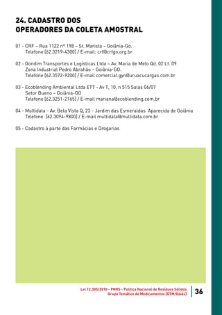 24. CADASTRO DOS
OPERADORES DA COLETA AMOSTRAL

01 - CRF – Rua 1122 nº 198 – St. Marista – Goiânia-Go.
     Telefone [62.3219-4300] / E-mail: crf@crfgo.org.br

02 - Gondim Transportes e Logísticas Ltda – Av. Maria de Melo Qd. 02 Lt. 09
     Zona Industrial Pedro Abrahão – Goiânia-GO.
     Telefone [62.3572-9200] / E-mail comercial.gyn@uruacucargas.com.br

03 - Ecoblending Ambiental Ltda ETT - Av T, 10, n 515 Salas 06/07
     Setor Bueno – Goiânia-GO
     Telefone [62.3251-2165] / E-mail mariana@ecoblending.com.br

04 - Multidata - Av. Bela Vista Q, 23 - Jardim das Esmeraldas Aparecida de Goiânia
     Telefone [62.3094-9800] / E-mail multidata@multidata.com.br

05 - Cadastro à parte das Farmácias e Drogarias




                              Lei 12.305/2010 - PNRS - Política Nacional de Resíduos Sólidos
                                             Grupo Temático de Medicamentos [GTM/Goiás]        36
 