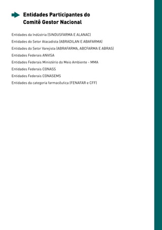 Entidades Participantes do
      Comitê Gestor Nacional

Entidades da Indústria (SINDUSFARMA E ALANAC)
Entidades do Setor Atacadista (ABRADILAN E ABAFARMA)
Entidades do Setor Varejista (ABRAFARMA, ABCFARMA E ABRAS)
Entidades Federais ANVISA
Entidades Federais Ministério do Meio Ambiente - MMA
Entidades Federais CONASS
Entidades Federais CONASEMS
Entidades da categoria farmacêutica (FENAFAR e CFF)
 