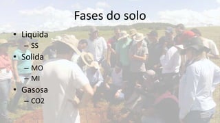 Fases do solo
• Liquida
  – SS
• Solida
  – MO
  – MI
• Gasosa
  – CO2
 