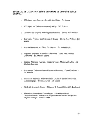 104
SUGESTÃO DE LITERATURA SOBRE DINÂMICAS DE GRUPOS E JOGOS
VIVENCIA
o 100 Jogos para Grupos - Ronaldo Yudi Yozo - Ed. Agora
o 150 Jogos de Treinamento - Andy Kirby - T&D Editora
o Dinâmica de Grupo e de Relações Humanas - Silvino José Fritzen
o Exercícios Práticos de Dinâmica de Grupo - Silvino José Fritzen - Ed.
Vozes.
o Jogos Cooperativos - Fábio Dutzi Brotto - Ed. Cooperação
o Jogos de Empresa e Técnicas Vivenciais - Maria Rita Miranda
Graminha - Ed. Makron Books.
o Jogos e Técnicas Vivencias nas Empresas - Marise Jalowitzki - Ed.
Madras Business.
o Jogos para Treinamento em Recursos Humanos - Gary Kroehnert -
Ed. Manole.
o Manual de Técnicas de Dinâmica de Grupo de Sensibilização de
Ludopedagogia - Celso Antunes - Ed. Vozes
o SOS - Dinâmica de Grupo - Albigenor & Rose Militão - Ed. Qualimark
o Vivendo e Aprendendo Com Grupos - Uma Metodologia
Construtivista de Dinâmica de Grupo - Maria Carmem Tatagiba e
Virgínia Filártiga - Editora: DP&A
 