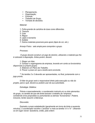 31
 Planejamento,
 Organização,
 Controle,
 Trabalho de Grupo,
 Tomada de decisões.
Material:
1. Folha grande de cartolina de duas cores diferentes.
2. Tesoura
3. Cola
4. Régua
5. Lápis e borracha
6. Estilete
7. Outros materiais possíveis para apoio (lápis de cor, etc.).
Arranjo Físico: sala ampla para comportar o grupo.
Processo:
O grupo deverá construir um jogo de dominó, utilizando o material que lhe
é colocado à disposição. Antes porém, deverá:
1. Eleger um líder,
2. Compor o organograma da empresa, levando em conta os funcionários
disponíveis (o próprio grupo).
3. Elaborar um Plano de Trabalho.
4. Prever o prazo em que a tarefa será concluída.
** As tarefas 2 e 3 deverão ser apresentadas, no final, juntamente com o
jogo pronto.
O líder do grupo será o responsável direto pela execução ou não do
projeto, para o quê, deverá ou poderá usar de sua autoridade.
Estratégia Didática:
Prévia e reservadamente, o coordenador instruirá um ou dois elementos
do grupo, no sentido de que ele tente boicotar o trabalho da “empresa”,
cometendo erros propositais ou perturbando os demais “funcionários”. Poderá,
inclusive, tentar assumir a liderança.
Discussão:
Expirado o prazo estabelecido (geralmente em torno de trinta a quarenta
minutos), o coordenador recolhe o “produto” e mais as tarefas “a” e “b” - afixando-
os em lugar visível. Questiona, então, pela ordem:
 
