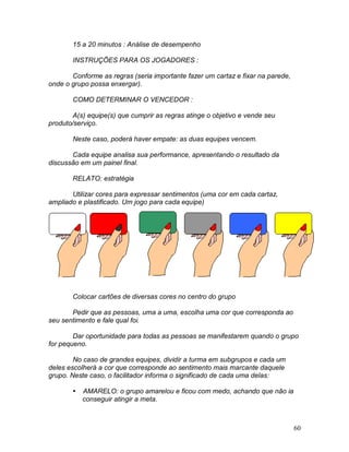 60
15 a 20 minutos : Análise de desempenho
INSTRUÇÕES PARA OS JOGADORES :
Conforme as regras (seria importante fazer um cartaz e fixar na parede,
onde o grupo possa enxergar).
COMO DETERMINAR O VENCEDOR :
A(s) equipe(s) que cumprir as regras atinge o objetivo e vende seu
produto/serviço.
Neste caso, poderá haver empate: as duas equipes vencem.
Cada equipe analisa sua performance, apresentando o resultado da
discussão em um painel final.
RELATO: estratégia
Utilizar cores para expressar sentimentos (uma cor em cada cartaz,
ampliado e plastificado. Um jogo para cada equipe)
Colocar cartões de diversas cores no centro do grupo
Pedir que as pessoas, uma a uma, escolha uma cor que corresponda ao
seu sentimento e fale qual foi.
Dar oportunidade para todas as pessoas se manifestarem quando o grupo
for pequeno.
No caso de grandes equipes, dividir a turma em subgrupos e cada um
deles escolherá a cor que corresponde ao sentimento mais marcante daquele
grupo. Neste caso, o facilitador informa o significado de cada uma delas:
 AMARELO: o grupo amarelou e ficou com medo, achando que não ia
conseguir atingir a meta.
 