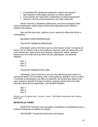64
 O resultado final representa realmente a cultura da empresa?
 Que aspectos vocês julgam positivos na cultura vigente?
 O que precisa ser repensado e melhorado na cultura empresarial?
 Qual seu nível de comprometimento com estas melhorias?
Neste momento, o facilitador poderá fazer uma breve exposição sobre
cultura empresarial e aplicar algum instrumento diagnóstico para reforçar o
trabalho das equipes.
Que sua fala seja clara, objetiva e com o aporte de referencial teórico e
metodológico.
MATERIAL PARA REPRODUÇÃO
FOLHA DE TRABALHO INDIVIDUAL
Orientação: Liste os três itens que seu time decidiu colocar na cápsula do
tempo. Em no máximo vinte e cinco palavras, descreva cada um desses itens de
uma maneira que, daqui a cem anos quando a cápsula for aberta, qualquer
pessoa terá uma visão clara da cultura de sua organização. Use bastante
detalhes.
Item 1:
Item 2:
Item 3:
FOLHA DE TRABALHO DO TIME
Orientação: Liste os três itens que seu time selecionou para colocar na
cápsula do tempo. Em no máximo vinte e cinco palavras, decidam "como um time"
o conteúdo da declaração a ser feita em cada item, de maneira que daqui a cem
anos, quando a cápsula do tempo for aberta, qualquer pessoa terá uma visão
clara da cultura de sua organização. Use bastante detalhes.
Item 1:
Item 2:
Item 3:
(((Fonte: Livro: All together now! - Lorraine L. Ukens - 1999 (Editora Jessy-Bass, San Francisco-
California)))
RETRATO DA TURMA
OBJETIVO: Promover uma discussão e sensibilizar os participantes para o
ambiente adequado ao trabalho em equipe.
APLICAÇÃO: Treinamento Gerencial e de Equipes.
 