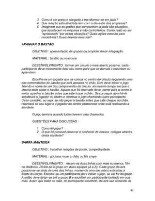 81
3. Como é ser preso e obrigado a transformar-se em jaula?
4. Que relação esta atividade tem com o dia-a-dia das empresas?
5. Imaginem que as grades que compunham a jaula são situações
que acontecem na empresa e não controlamos. Como reajo ao ser
“aprisionado” por essas situações? Quais ações executo para
resolvê-las? Quais deveria executar?
APANHAR O BASTÃO
OBJETIVO : apresentação de grupos ou propiciar maior integração.
MATERIAL : bastão ou vassoura
DESENVOLVIMENTO : formar um círculo o mais aberto possível. cada
participante deve inicialmente falar seu nome para que os demais o recordam ou
aprendam.
Escolhe-se um jogador que se coloca no centro do círculo segurando uma
das extremidades do bastão que está apoiado no chão. Este deve iniciar o jogo
falando o nome de um dos componentes do círculo. ao mesmo tempo em que o
chama deve soltar o bastão. Aquele que foi chamado deve correr para o centro e
tentar apanhar o bastão antes que este toque o chão. Se conseguir apanhá-lo
substituirá o jogador do centro e continua o jogo chamando outro participante.
Caso contrário, ou seja, se não pegar o bastão antes que este chegue ao chão,
retornará ao seu lugar e o jogador do centro permanece onde está reiniciando a
atividade.
O jogo termina quando todos tiverem sido chamados.
QUESTÕES PARA DISCUSSÃO :
1. Como foi jogar?
2. O que foi possível observar e conhecer de nossos colegas através
desta atividade?
BARRA MANTEIGA
OBJETIVO : trabalhar relações de poder, competitividade
MATERIAL : giz para riscar o chão ou fita crepe
DESENVOLVIMENTO : riscam-se duas linhas com mais ou menos 10m
de distância. Divide-se o grupo em duas equipes (A e B). Cada grupo deverá
posicionar-se atrás de uma das linhas, mantendo uma das mãos esticadas a
frente do corpo. Escolhe-se um participante para iniciar o jogo, se ele for do grupo
A então deve dirigir-se até o grupo B e escolher um participante batendo em sua
mão. Assim que bater na mão, do participante escolhido, deverá sair correndo de
 