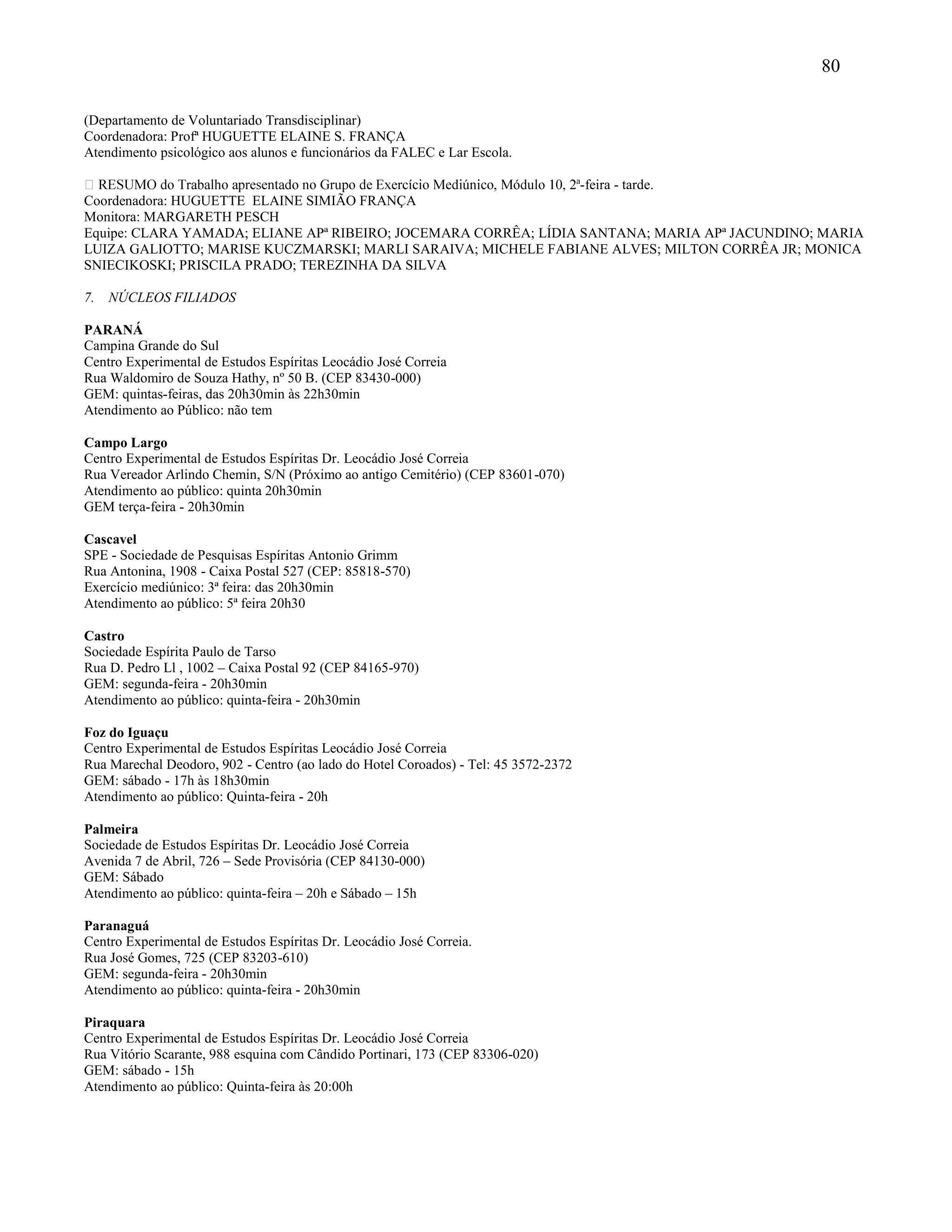 80
(Departamento de Voluntariado Transdisciplinar)
Coordenadora: Profª HUGUETTE ELAINE S. FRANÇA
Atendimento psicológico aos alunos e funcionários da FALEC e Lar Escola.
-feira - tarde.
Coordenadora: HUGUETTE ELAINE SIMIÃO FRANÇA
Monitora: MARGARETH PESCH
Equipe: CLARA YAMADA; ELIANE APª RIBEIRO; JOCEMARA CORRÊA; LÍDIA SANTANA; MARIA APª JACUNDINO; MARIA
LUIZA GALIOTTO; MARISE KUCZMARSKI; MARLI SARAIVA; MICHELE FABIANE ALVES; MILTON CORRÊA JR; MONICA
SNIECIKOSKI; PRISCILA PRADO; TEREZINHA DA SILVA
7. NÚCLEOS FILIADOS
PARANÁ
Campina Grande do Sul
Centro Experimental de Estudos Espíritas Leocádio José Correia
Rua Waldomiro de Souza Hathy, nº 50 B. (CEP 83430-000)
GEM: quintas-feiras, das 20h30min às 22h30min
Atendimento ao Público: não tem
Campo Largo
Centro Experimental de Estudos Espíritas Dr. Leocádio José Correia
Rua Vereador Arlindo Chemin, S/N (Próximo ao antigo Cemitério) (CEP 83601-070)
Atendimento ao público: quinta 20h30min
GEM terça-feira - 20h30min
Cascavel
SPE - Sociedade de Pesquisas Espíritas Antonio Grimm
Rua Antonina, 1908 - Caixa Postal 527 (CEP: 85818-570)
Exercício mediúnico: 3ª feira: das 20h30min
Atendimento ao público: 5ª feira 20h30
Castro
Sociedade Espírita Paulo de Tarso
Rua D. Pedro Ll , 1002 – Caixa Postal 92 (CEP 84165-970)
GEM: segunda-feira - 20h30min
Atendimento ao público: quinta-feira - 20h30min
Foz do Iguaçu
Centro Experimental de Estudos Espíritas Leocádio José Correia
Rua Marechal Deodoro, 902 - Centro (ao lado do Hotel Coroados) - Tel: 45 3572-2372
GEM: sábado - 17h às 18h30min
Atendimento ao público: Quinta-feira - 20h
Palmeira
Sociedade de Estudos Espíritas Dr. Leocádio José Correia
Avenida 7 de Abril, 726 – Sede Provisória (CEP 84130-000)
GEM: Sábado
Atendimento ao público: quinta-feira – 20h e Sábado – 15h
Paranaguá
Centro Experimental de Estudos Espíritas Dr. Leocádio José Correia.
Rua José Gomes, 725 (CEP 83203-610)
GEM: segunda-feira - 20h30min
Atendimento ao público: quinta-feira - 20h30min
Piraquara
Centro Experimental de Estudos Espíritas Dr. Leocádio José Correia
Rua Vitório Scarante, 988 esquina com Cândido Portinari, 173 (CEP 83306-020)
GEM: sábado - 15h
Atendimento ao público: Quinta-feira às 20:00h
 