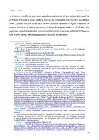 Nelmon J. Siva Jr. Coletânea – 2ª Ed.
se adotem as providências necessárias ao exato cumprimento da lei, sem prejuízo da competência
do Tribunal de Contas da União; receber e conhecer das reclamações contra membros ou órgãos do
Poder Judiciário, inclusive contra seus serviços auxiliares, serventias e órgãos prestadores de
serviços notariais e de registro que atuem por delegação do poder público ou oficializados, sem
prejuízo da competência disciplinar e correicional dos tribunais; representar ao Ministério Público, no
caso de crime contra a administração pública ou de abuso de autoridade.68
obs.dji.grau4: Cargo em Comissão; Cargos Públicos
VI - é garantido ao servidor público civil o direito à livre associação sindical;
obs.dji.grau.4: Associação Sindical; Servidores Públicos
VII - o direito de greve será exercido nos termos e nos limites definidos em lei específica; (Alterado
pela EC-000.019-1998)
obs.dji.grau.2: Art. 16, Direito de Greve - L-007783-1989
obs.dji.grau.3: Art. 9º, Direitos Sociais - CF; Paralisações dos Serviços Públicos Federais - D-001.480-
1995
obs.dji.grau.4: Direito de Greve; Servidores Públicos
VIII - a lei reservará percentual dos cargos e empregos públicos para as pessoas portadoras de
deficiência e definirá os critérios de sua admissão;
obs.dji.grau4: Cargos Públicos; Deficientes Físicos
obs.dji.grau5: Portador de Visão Monocular - Vagas Reservadas aos Deficientes - Súmula nº 377 - STJ
IX - a lei estabelecerá os casos de contratação por tempo determinado para atender a necessidade
temporária de excepcional interesse público;
obs.dji.grau.2: Art. 1º, L-011.458-2007 - Ministério da Defesa - Contratação de Pessoal - Prazo
Determinado, Imprescindível ao Controle do Tráfego Aéreo; Art. 3º, D-006.593-2008 - Isenção de
Pagamento de Taxa de Inscrição em Concursos Públicos Realizados no Âmbito do Poder Executivo
Federal - Regulamento; Art. 7º, MP-000.489-000-2010 - Integração da União na Forma de Consórcio
Público de Regime Especial como Autoridade Pública Olímpica - APO; Art. 9º, D-005.731-2006 -
Instalação e Estrutura Organizacional da Agência Nacional de Aviação Civil - ANAC - Regulamento; Art.
9º, I, "l", Segurados - Beneficiários - Regime Geral de Previdência Social - Benefícios da Previdência
Social - Regulamento da Previdência Social - D-003.048-1999; Art. 12, MP-000.488-000-2010 - Empresa
Brasileira de Legado Esportivo S.A. - BRASIL 2016; Art. 17, § 1º, L-011.759-2008 - Centro Nacional de
Tecnologia Eletrônica Avançada S.A. - CEITEC; Art. 30, Criação de Carreiras e Organização de Cargos
Efetivos das Autarquias Especiais Denominadas Agências Reguladoras - L-010.871-2004; Art. 34, § 2º,
Disposições Finais e Transitórias - Agência Nacional de Energia Elétrica - ANEEL e Regime das
Concessões de Serviços Públicos de Energia Elétrica - L-009.427-1996; Art. 39, L-011.182-2005 -
Agência Nacional de Aviação Civil - ANAC; Art. 96, Quadro de Pessoal do DNIT - Departamento
Nacional de Infra-Estrutura de Transportes - DNIT - Reestruturação dos Transportes Aquaviário e
Terrestre - Conselho Nacional de Integração de Políticas de Transporte - Agência Nacional de Transportes
Terrestres - Agência Nacional de Transportes Aquaviários - Departamento Nacional de Infra-Estrutura de
Transportes - L-010.233-2001; Contratação por Tempo Determinado - L-008.745-1993
obs.dji.grau.3: Art. 443, § 2º, Disposições Gerais - Contrato Individual de Trabalho - Consolidação das
Leis do Trabalho - CLT - DL-005.452-1943
obs.dji.grau.4: Agentes Temporários; Cargos Públicos; Contrato por Tempo Determinado; Servidores
Públicos
X - a remuneração dos servidores públicos e o subsídio de que trata o § 4º do Art. 39 somente poderão
ser fixados ou alterados por lei específica, observada a iniciativa privativa em cada caso, assegurada
revisão geral anual, sempre na mesma data e sem distinção de índices; (Alterado pela EC-000.019-1998)
(L-010.331-2001 - Regulamentação)
obs.dji.grau.1: Art. 39, § 4º, Servidores Públicos - CF
obs.dji.grau.2: Art. 17, § 6º, Despesa Obrigatória de Caráter Continuado - Geração da Despesa -
Despesa Pública e Art. 71, Disposições Finais e Transitórias - Lei de Responsabilidade Fiscal - Normas de
Finanças Públicas Voltadas para a Responsabilidade na Gestão Fiscal - LC-000.101-2000; Art. 22,
Parágrafo único, I, Controle da Despesa Total com Pessoal - Despesas com Pessoal - Despesa Pública -
75
 
