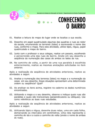 29
Secretaria de Estado da Educação do Paraná / Departamento de Ensino Fundamental
01. Realize a leitura do mapa do lugar onde se localiza a sua escola.
02. Desenhe em papel quadriculado algumas das quadras e ruas ao redor
da escola, enumerando os terrenos (lotes) e escrevendo o nome das
ruas, conforme o mapa. Para esta atividade, utilize lápis, régua, papel
quadriculado e mapa do bairro.
03. Junto com o professor e seus colegas, realize um passeio, escolhendo
e percorrendo uma das ruas do bairro. Anote em seu desenho a
seqüência da numeração das casas de ambos os lados da rua.
04. No caminho de volta, a partir de uma rua paralela à escolhida
anteriormente, realize as mesmas anotações solicitadas no item
anterior.
Após a realização da seqüência de atividades anteriores, realize as
atividades a seguir.
01. Analise a numeração dos terrenos (lotes) no mapa e a numeração da
casas em seu desenho. Essas situações apresentam uma determinada
ordem ou seqüência? Qual?
02. Ao analisar os itens acima, registre no caderno os dados numéricos
encontrados.
03. Utilizando o mapa e o seu desenho, observe e indique quais ruas são
paralelas e quais são transversais (perpendiculares ou oblíquas). Use
como referência as duas ruas estudadas.
Após a realização da seqüência de atividades anteriores, realize as
atividades a seguir.
01. Utilizando lápis e régua, desenhe duas retas, uma em cada folha,
demarcando os intervalos em centímetros. Uma reta representa o
caminho de ida e a outra o caminho de volta (anote o nome de ambas
as ruas).
CONHECENDOCONHECENDOCONHECENDOCONHECENDOCONHECENDO
O BAIRROO BAIRROO BAIRROO BAIRROO BAIRRO
 