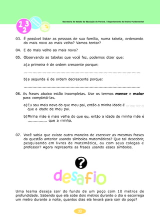 32
Secretaria de Estado da Educação do Paraná / Departamento de Ensino Fundamental
03. É possível listar as pessoas de sua família, numa tabela, ordenando
do mais novo ao mais velho? Vamos tentar?
04. E do mais velho ao mais novo?
05. Observando as tabelas que você fez, podemos dizer que:
a)a primeira é de ordem crescente porque:
............................................................................................
b)a segunda é de ordem decrescente porque:
............................................................................................
06. As frases abaixo estão incompletas. Use os termos menor e maior
para completá-las.
a)Eu sou mais novo do que meu pai, então a minha idade é ...............
que a idade de meu pai.
b)Minha mãe é mais velha do que eu, então a idade de minha mãe é
................ que a minha.
07. Você sabia que existe outra maneira de escrever as mesmas frases
da questão anterior usando símbolos matemáticos? Que tal descobrir,
pesquisando em livros de matemática, ou com seus colegas e
professor? Agora represente as frases usando esses símbolos.
Uma lesma deseja sair do fundo de um poço com 10 metros de
profundidade. Sabendo que ela sobe dois metros durante o dia e escorrega
um metro durante a noite, quantos dias ela levará para sair do poço?
 