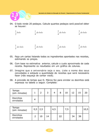 37
Secretaria de Estado da Educação do Paraná / Departamento de Ensino Fundamental
04. O bolo rende 20 pedaços. Calcule quantos pedaços será possível obter
se houver:
05. Faça um cartaz listando todos os ingredientes apontados nas receitas,
estimando os preços.
06. Com base na estimativa anterior, calcule o custo aproximado de cada
receita. Represente os resultados em um gráfico de colunas.
07. Imagine que o aniversário seja o seu. Liste o nome dos seus
convidados e estipule a quantidade de receitas que será necessário
fazer (não esqueça de contar você).
08. A previsão de tempo que D. Márcia fez para enrolar os docinhos está
expressa na tabela a seguir. Complete:
Tempo
(em minutos)
Docinhos
enrolados
Tempo
(em minutos)
Docinhos
enrolados
1 2 3 4 8 10 12 15 20
4
0,5 2,5 4,5 7,5 10,5
2 10 14 22 34 38
 