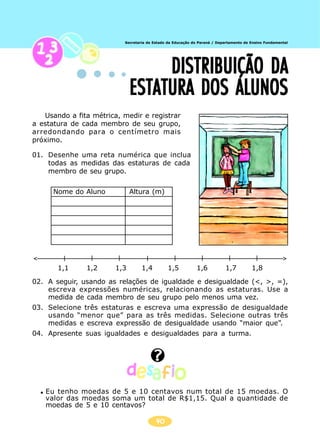40
Secretaria de Estado da Educação do Paraná / Departamento de Ensino Fundamental
DISTRIBUIÇÃO DADISTRIBUIÇÃO DADISTRIBUIÇÃO DADISTRIBUIÇÃO DADISTRIBUIÇÃO DA
ESTATURA DOS ALUNOSESTATURA DOS ALUNOSESTATURA DOS ALUNOSESTATURA DOS ALUNOSESTATURA DOS ALUNOS
Usando a fita métrica, medir e registrar
a estatura de cada membro de seu grupo,
arredondando para o centímetro mais
próximo.
01. Desenhe uma reta numérica que inclua
todas as medidas das estaturas de cada
membro de seu grupo.
02. A seguir, usando as relações de igualdade e desigualdade (<, >, =),
escreva expressões numéricas, relacionando as estaturas. Use a
medida de cada membro de seu grupo pelo menos uma vez.
03. Selecione três estaturas e escreva uma expressão de desigualdade
usando “menor que” para as três medidas. Selecione outras três
medidas e escreva expressão de desigualdade usando “maior que”.
04. Apresente suas igualdades e desigualdades para a turma.
Nome do Aluno Altura (m)
1,1 1,2 1,3 1,4 1,5 1,6 1,7 1,8
Eu tenho moedas de 5 e 10 centavos num total de 15 moedas. O
valor das moedas soma um total de R$1,15. Qual a quantidade de
moedas de 5 e 10 centavos?
 