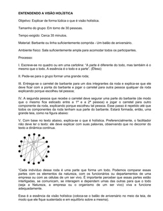 ENTENDENDO A VISÃO HOLÍSTICA

Objetivo: Explicar de forma lúdica o que é visão holística.

Tamanho do grupo: Em torno de 30 pessoas.

Tempo exigido: Cerca 35 minutos.

Material: Barbante ou linha suficientemente comprida - Um balão de aniversário.

Ambiente físico: Sala suficientemente ampla para acomodar todos os participantes.

Processo:

I. Escreve-se no quadro ou em uma cartolina: “A parte é diferente do todo, mas também é o
mesmo que o todo. A essência é o todo e a parte”. (Éfeso)

II. Pede-se para o grupo formar uma grande roda;

III. Entrega-se o carretel de barbante para um dos integrantes da roda e explica-se que ele
deve ficar com a ponta do barbante e jogar o carretel para outra pessoa qualquer da roda
e
explicando porque escolheu tal pessoa;

IV. A segunda pessoa que recebe o carretel deve segurar uma parte do barbante (de modo
que o mesmo fica esticado entre a 1ª e a 2ª pessoa) e jogar o carretel para outro
componente da roda, explicando porque escolheu tal pessoa. Esse passo é repetido até que
todos os componentes da roda tenham sua parte do barbante. Estará formada, então, uma
g
grande teia, como na figura abaixo:

V. Com base no texto abaixo, explica-se o que é holística. Preferencialmente, o facilitador
não deve ler o texto: ele deve explicar com suas palavras, observando que no decorrer do
texto a dinâmica continua.




“Cada indivíduo dessa roda é uma parte que forma um todo. Podemos comparar essas
partes com os elementos da natureza, com os funcionários ou departamentos de uma
empresa ou com as células de um ser vivo. É importante perceber que essas partes estão
interligadas, se comunicam, se interagem e dependem umas das outras para que o todo
(seja a Natureza, a empresa ou o organismo de um ser vivo) viva e funcione
adequadamente.

Essa é a essência da visão holística (coloca-se o balão de aniversário no meio da teia, de
modo que ele fique sustentado e em equilíbrio sobre a mesma).
 