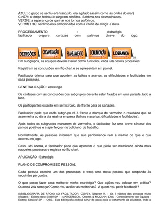 AZUL: o grupo se sentiu ora tranqüilo, ora agitado (assim como as ondas do mar)
CINZA: o tempo fechou e surgiram conflitos. Sentimo-nos desmotivados.
VERDE: a esperança de ganhar nos tornou eufóricos.
VERMELHO: sentimo-nos emocionados com a vitória de atingir a meta.

PROCESSAMENTO                                  :                        estratégia
facilitador prepara            cartazes       com       palavras       chave      do        jogo:




Em subgrupos, as equipes devem avaliar como funcionou cada um destes processos.

Registram as conclusões em flip chart e se apresentam em painel.

Facilitador orienta para que apontem as falhas e acertos, as dificuldades e facilidades em
cada processo.

GENERALIZAÇÃO : estratégia

Os cartazes com as conclusões dos subgrupos deverão estar fixados em uma parede, lado a
lado.

Os participantes estarão em semicírculo, de frente para os cartazes.

Facilitador pede que cada subgrupo vá à frente e marque de vermelho o resultado que se
assemelha ao dia a dia real na empresa (falhas e acertos, dificuldades e facilidades).

Após todos os subgrupos marcarem de vermelho, o facilitador faz uma breve síntese dos
pontos positivos e a aperfeiçoar no cotidiano de trabalho.

Normalmente, as pessoas informam que sua performance real é melhor do que o que
ocorreu no jogo.

Caso isto ocorra, o facilitador pede que apontem o que pode ser melhorado ainda mais
naqueles processos e registra no flip chart.

APLICAÇÃO : Estratégia

PLANO DE COMPROMISSO PESSOAL

Cada pessoa escolhe um dos processos e traça uma meta pessoal que responda às
seguintes perguntas:

O que posso fazer para melhorar minha estratégia? Que ações vou colocar em prática?
Quando vou começar?Como vou avaliar as melhorias? A quem vou pedir feedback?

(((BIBLIOGRAFIA DE APOIO AO FACILITADOR: COVEY, Stephen R. - Os 7 hábitos das pessoas muito
eficazes - Editora Best Seller/SP --- MARGERISON, Charles & MCCANN, Dick - Gerenciamento de Equipes -
Editora Saraiva/ SP --- OBS.: Esta bibliografia poderá servir de apoio para o fechamento da atividade, onde o
 
