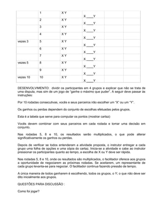 1            XY
                                               X ____Y
                  2            XY
                                               X ____Y
                  3            XY
                                               X ____Y
                  4            XY
                                               X ____Y
vezes 3           5            XY
                                               X ____Y
                  6            XY
                                               X ____Y
                  7            XY
                                               X ____Y
vezes 5           8            XY
                                               X ____Y
                  9            XY
                                               X ____Y
vezes 10          10           XY
                                               X ____Y

DESENVOLVIMENTO: dividir os participantes em 4 grupos e explicar que não se trata de
uma disputa, mas sim de um jogo de “ganhe o máximo que puder”. A seguir deve passar às
instruções:

Por 10 rodadas consecutivas, vocês e seus parceiros irão escolher um “X” ou um “Y”.

Os ganhos ou perdas dependem do conjunto de escolhas efetuadas pelos grupos.

Esta é a tabela que serve para computar os pontos (mostrar cartaz)

Vocês devem combinar com seus parceiros em cada rodada e tomar uma decisão em
conjunto.

Nas rodadas 5, 8 e 10, os resultados serão multiplicados, o que pode alterar
significativamente os ganhos ou perdas.

Depois de verificar se todos entenderam a atividade proposta, o instrutor entregar a cada
grupo uma folha de opções e uma cópia do cartaz. Inicia-se a atividade e cabe ao instrutor
pressionar os participantes quanto ao tempo, a escolha de X ou Y deve ser rápida.

Nas rodadas 5, 8 e 10, onde os resultados são multiplicados, o facilitador oferece aos grupos
a oportunidade de negociarem as próximas rodadas. Se aceitarem, um representante de
cada grupo levanta-se para negociar. O facilitador continua fazendo pressão de tempo.

A única maneira de todos ganharem é escolhendo, todos os grupos, o Y; o que não deve ser
dito inicialmente aos grupos.

QUESTÕES PARA DISCUSSÃO :

Como foi jogar?
 