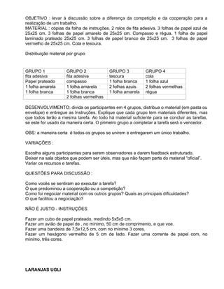OBJETIVO : levar à discussão sobre a diferença da competição e da cooperação para a
realização de um trabalho.
MATERIAL : cópias da folha de instruções. 2 rolos de fita adesiva. 3 folhas de papel azul de
25x25 cm. 3 folhas de papel amarelo de 25x25 cm. Compasso e régua. 1 folha de papel
laminado prateado 25x25 cm. 3 folhas de papel branco de 25x25 cm. 3 folhas de papel
vermelho de 25x25 cm. Cola e tesoura.

Distribuição material por grupo



GRUPO 1              GRUPO 2              GRUPO 3            GRUPO 4
fita adesiva         fita adesiva         tesoura            cola
Papel prateado       compasso             1 folha branca     1 folha azul
1 folha amarela      1 folha amarela      2 folhas azuis     2 folhas vermelhas
1 folha branca       1 folha branca       1 folha amarela    régua
                     2 folhas vermelhas

DESENVOLVIMENTO: divida os participantes em 4 grupos, distribua o material (em pasta ou
envelope) e entregue as Instruções. Explique que cada grupo tem materiais diferentes, mas
que todos terão a mesma tarefa. Ao todo há material suficiente para se concluir as tarefas,
se este for usado da maneira certa. O primeiro grupo a completar a tarefa será o vencedor.

OBS: a maneira certa é todos os grupos se unirem e entregarem um único trabalho.

VARIAÇÕES :

Escolha alguns participantes para serem observadores e darem feedback estruturado.
Deixar na sala objetos que podem ser úteis, mas que não façam parte do material “oficial”.
Variar os recursos e tarefas.

QUESTÕES PARA DISCUSSÃO :

Como vocês se sentiram ao executar a tarefa?
O que predominou a cooperação ou a competição?
Como foi negociar material com os outros grupos? Quais as principais dificuldades?
O que facilitou a negociação?

NÃO É JUSTO - INSTRUÇÕES

Fazer um cubo de papel prateado, medindo 5x5x5 cm.
Fazer um avião de papel de , no mínimo, 50 cm de comprimento, e que voe.
Fazer uma bandeira de 7,5x12,5 cm, com no mínimo 3 cores.
Fazer um hexágono vermelho de 5 cm de lado. Fazer uma corrente de papel com, no
mínimo, três cores.




LARANJAS UGLI
 