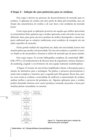 30
Coletânea Habitare - vol. 4 - Utilização de Resíduos na Construção Habitacional
4 Etapa 3 – Seleção de usos potenciais para os resíduos
Esta etapa é decisiva no processo de desenvolvimento de mercado para os
resíduos. A aplicação do resíduo não deve partir de idéias pré-concebidas, mas em
função das características do resíduo e de suas fases e das condições de mercado
locais.
Como regra geral, as aplicações possíveis são aquelas que melhor aproveitam
as características fisico-químicas que o resíduo apresenta, como um todo ou nas suas
diferentes fases, para gerar um novo produto de melhor desempenho e menor im-
pacto ambiental que as soluções tradicionais, com condições de competir em um
nicho específico de mercado.
Existe grande tradição de engenharia em, dada uma necessidade, buscar uma
matéria-prima que atenda a tal necessidade. No caso dos resíduos, o caminho é inver-
so: dispõe-se de um produto e buscam-se nichos de mercado que ele possa atender.
Esta etapa requer: (1) revisão bibliográfica completa; (2) criatividade (BSC-
GM, 1997); e (3) conhecimentos de diversas áreas de engenharia e ciência, finanças e
de marketing, exigindo o envolvimento de uma equipe realmente multidisciplinar.
A Figura 13 resume, de uma forma simplificada e linear, o fluxograma para a
seleção de alternativas para a reciclagem. Na prática, o processo provavelmente é
muito mais complexo e interativo que o sugerido pelo fluxograma. Nessa fase, mui-
tas vezes torna-se evidente a necessidade de melhorar a caracterização do resíduo,
analisar melhor o processo de produção, etc. Algumas aplicações para o resíduo
podem demandar misturas com outros produtos, tornando necessária a busca por
matérias-primas secundárias ou naturais.
Figura 13 – Esquema geral para a seleção de
alternativas para reciclagem
 