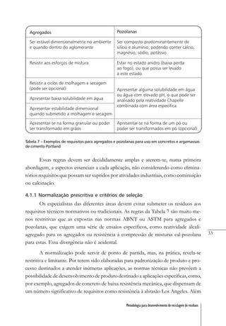 33
Metodologia para desenvolvimento de reciclagem de resíduos
Tabela 7 – Exemplos de requisitos para agregados e pozolanas para uso em concretos e argamassas
de cimento Portland
Essas regras devem ser decididamente amplas e aterem-se, numa primeira
abordagem, a aspectos essenciais a cada aplicação, não considerando como elimina-
tórios requisitos que possam ser supridos por atividades industriais, como cominuição
ou calcinação.
4.1.1 Normalização prescritiva e critérios de seleção
Os especialistas das diferentes áreas devem evitar submeter os resíduos aos
requisitos técnicos normativos ou tradicionais. As regras da Tabela 7 são muito me-
nos restritivas que as expostas nas normas ABNT ou ASTM para agregados e
pozolanas, que exigem uma série de ensaios específicos, como reatividade álcali-
agregado para os agregados ou resistência à compressão de misturas cal-pozolana
para estas. Essa divergência não é acidental.
A normalização pode servir de ponto de partida, mas, na prática, revela-se
restritiva e limitante. Por terem sido elaboradas para padronização de produto e pro-
cesso destinados a atender inúmeras aplicações, as normas técnicas não prevêem a
possibilidade de desenvolvimento de produto destinado a aplicações específicas, como,
por exemplo, agregados de concreto de baixa resistência mecânica, que dispensam de
um número significativo de requisitos como resistência à abrasão Los Angeles. Além
 