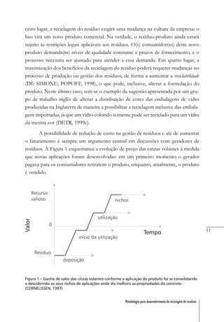 11
Metodologia para desenvolvimento de reciclagem de resíduos
ceiro lugar, a reciclagem do resíduo exigirá uma mudança na cultura da empresa: o
lixo vira um novo produto comercial. Na verdade, o resíduo-produto ainda estará
sujeito às restrições legais aplicáveis aos resíduos. O(s) consumidor(es) deste novo
produto demanda(m) níveis de qualidade constante e prazos de fornecimento, e o
processo necessita ser ajustado para atender a essa demanda. Em quarto lugar, a
maximização dos benefícios da reciclagem do resíduo poderá requerer mudanças no
processo de produção ou gestão dos resíduos, de forma a aumentar a reciclabilidade
(DE SIMONE; POPOFF, 1998), o que pode, inclusive, alterar a formulação do
produto. Neste último caso, tem-se o exemplo da sugestão apresentada por um gru-
po de trabalho inglês de alterar a distribuição de cores das embalagens de vidro
produzidas na Inglaterra de maneira a possibilitar a reciclagem inclusive das embala-
gens importadas, já que um vidro colorido somente pode ser reciclado para um vidro
da mesma cor (DETR, 1999c).
A possibilidade de redução de custo na gestão de resíduos e até de aumentar
o faturamento é sempre um argumento central em discussões com geradores de
resíduos. A Figura 1 esquematiza a evolução de preço das cinzas volantes à medida
que novas aplicações foram desenvolvidas: em um primeiro momento o gerador
pagava para os consumidores retirarem o produto, enquanto, atualmente, o produto
é vendido.
Figura 1 – Ganho de valor das cinzas volantes conforme a aplicação do produto foi se consolidando
e descobrindo os seus nichos de aplicações onde ela melhora as propriedades do concreto
(CORNELISSEN, 1997)
 
