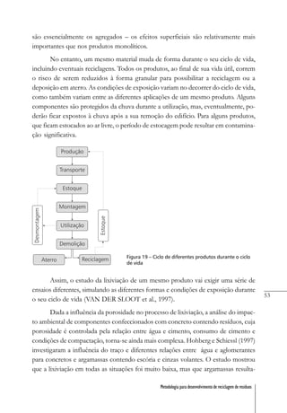 53
Metodologia para desenvolvimento de reciclagem de resíduos
são essencialmente os agregados – os efeitos superficiais são relativamente mais
importantes que nos produtos monolíticos.
No entanto, um mesmo material muda de forma durante o seu ciclo de vida,
incluindo eventuais reciclagens. Todos os produtos, ao final de sua vida útil, correm
o risco de serem reduzidos à forma granular para possibilitar a reciclagem ou a
deposição em aterro. As condições de exposição variam no decorrer do ciclo de vida,
como também variam entre as diferentes aplicações de um mesmo produto. Alguns
componentes são protegidos da chuva durante a utilização, mas, eventualmente, po-
derão ficar expostos à chuva após a sua remoção do edifício. Para alguns produtos,
que ficam estocados ao ar livre, o período de estocagem pode resultar em contamina-
ção significativa.
Figura 19 – Ciclo de diferentes produtos durante o ciclo
de vida
Assim, o estudo da lixiviação de um mesmo produto vai exigir uma série de
ensaios diferentes, simulando as diferentes formas e condições de exposição durante
o seu ciclo de vida (VAN DER SLOOT et al., 1997).
Dada a influência da porosidade no processo de lixiviação, a análise do impac-
to ambiental de componentes confeccionados com concreto contendo resíduos, cuja
porosidade é controlada pela relação entre água e cimento, consumo de cimento e
condições de compactação, torna-se ainda mais complexa. Hohberg e Schiessl (1997)
investigaram a influência do traço e diferentes relações entre água e aglomerantes
para concretos e argamassas contendo escória e cinzas volantes. O estudo mostrou
que a lixiviação em todas as situações foi muito baixa, mas que argamassas resulta-
 